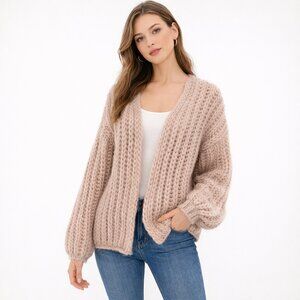 Saachi Chunky Ribbed Knit Open Cardigan Neutral Beige (Estimated L)